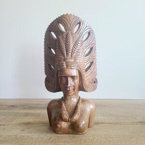 Hand Carved wooden sculpture statue of women's bust. Indigenous Tribal Native.